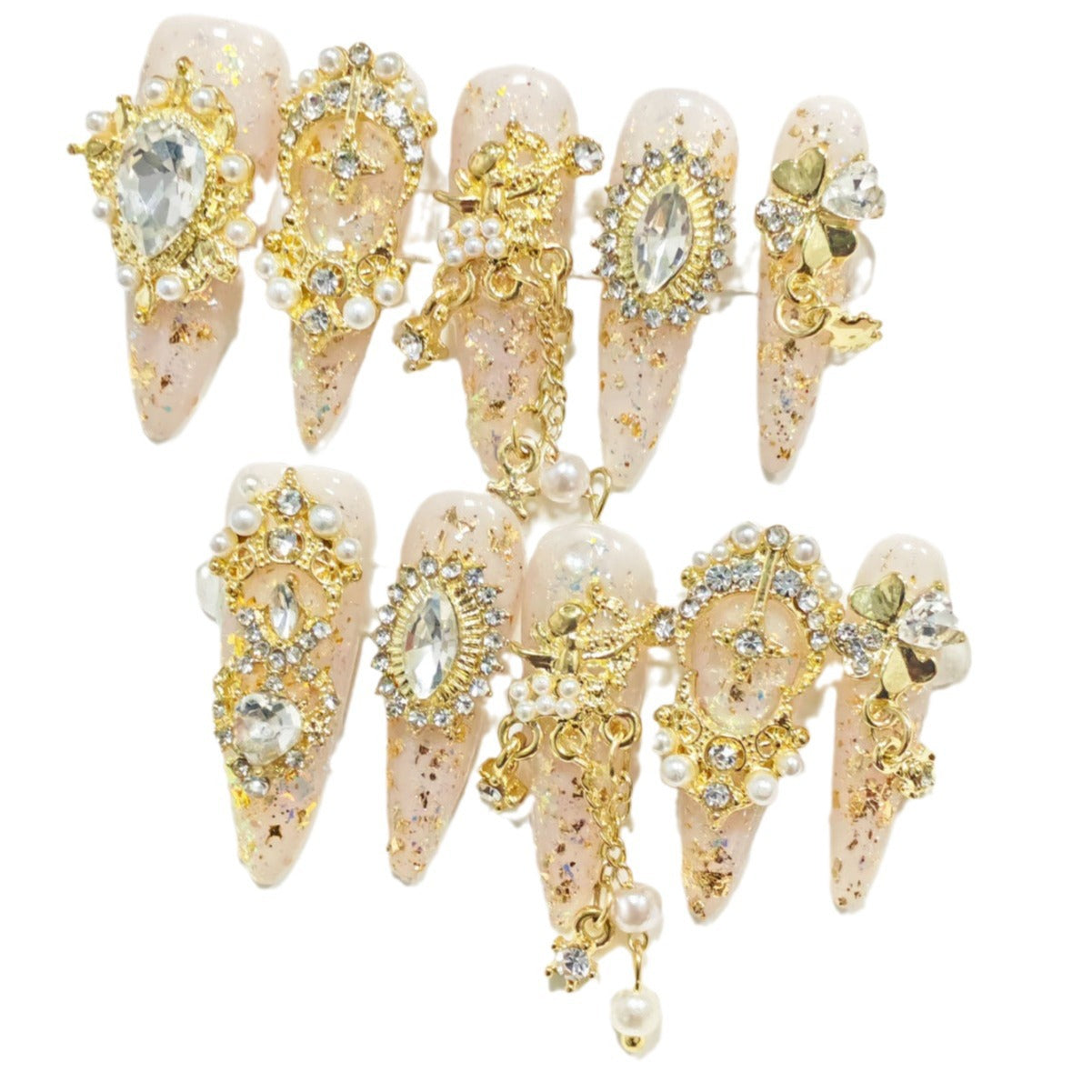 Princess style The queen handmade press on nails golden luxury amazing design with Gem surprise love gifts 10pcs a set free shipping