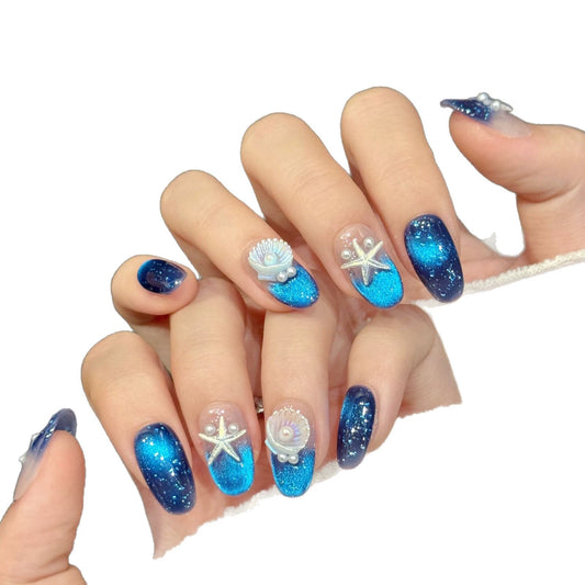 Blue handmade press on nails sea beach style with pearl and star holiday traveling swimming outdoor free shipping