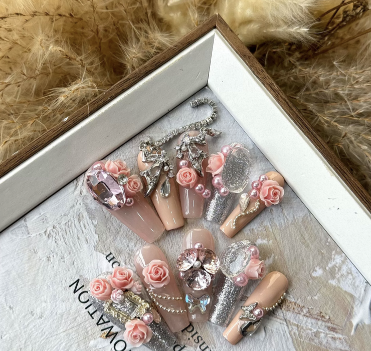 Pink flower rose Handmade manual press on nails free shipping HPG1018