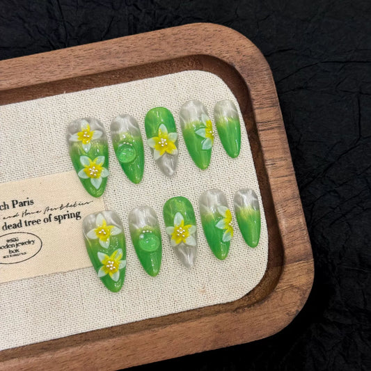 Green High quality press on nails with nice flower handmade nail art free shipping to worldwide