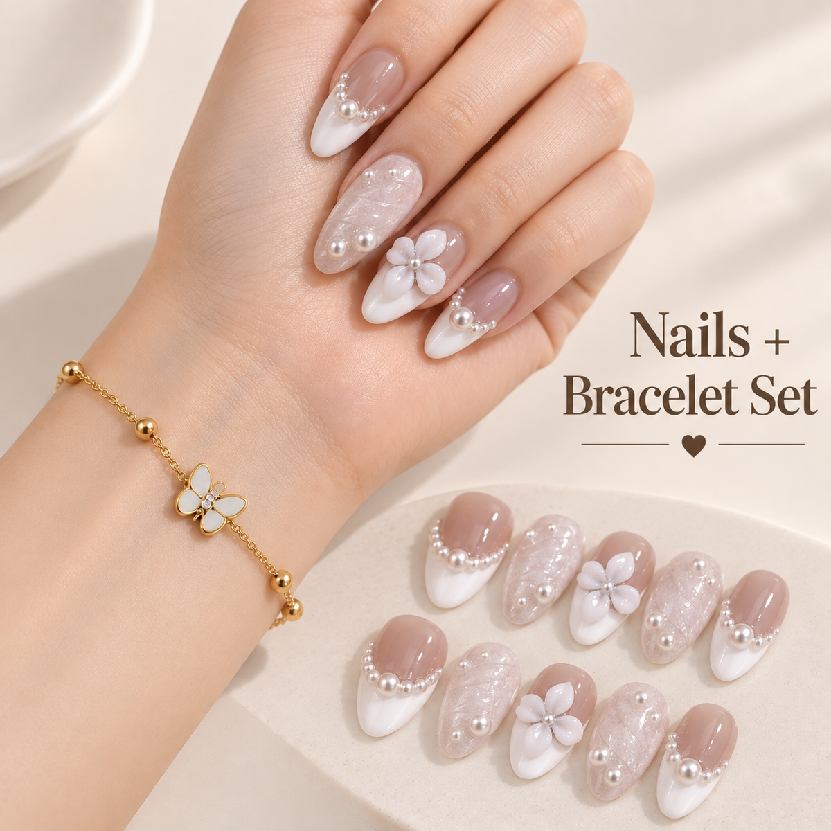 White beads flower Hand made Press on nails with free bracelet for promotion