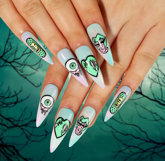 Green long Halloween Style Festival press on nails gifts heart eyes spooky 24pcs/set birthday love gifts HPG0022