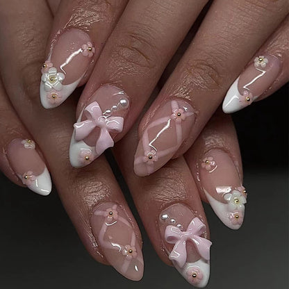 Pink white Fresh style France cute flower Press on nails 24pcs/set amazing birthday gifts girlfriend mom mather sister love gift 5sets free shipping HPG0151