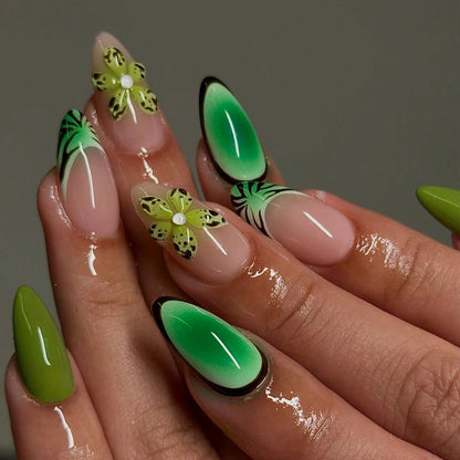 Green almond press on nails French manicure false nails 3D tropical flowers removable 24pcs/set love gifts retail wholesale HPG0163