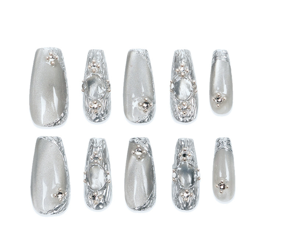 Cool silver/grey handmade press on nails high quality strong adhesive love gifts welcome wholesale HPG1013