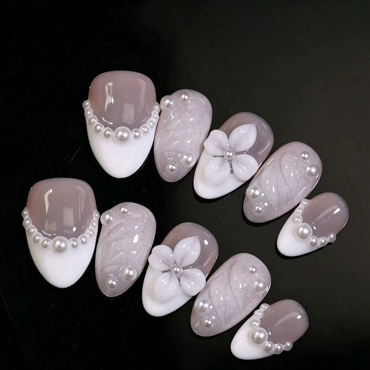 White beads flower Hand made Press on nails with free bracelet for promotion