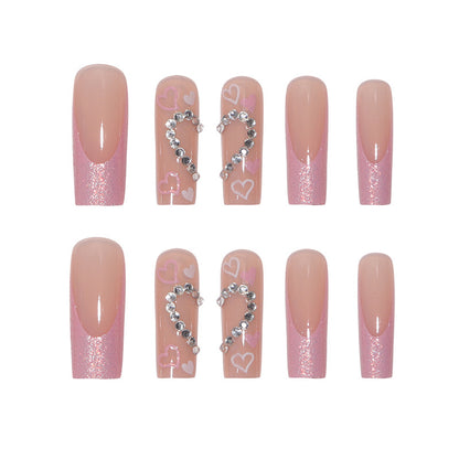 Long glitter pink heart Press on nails false nails with healthy glue tool DIY nails wholesale good price
