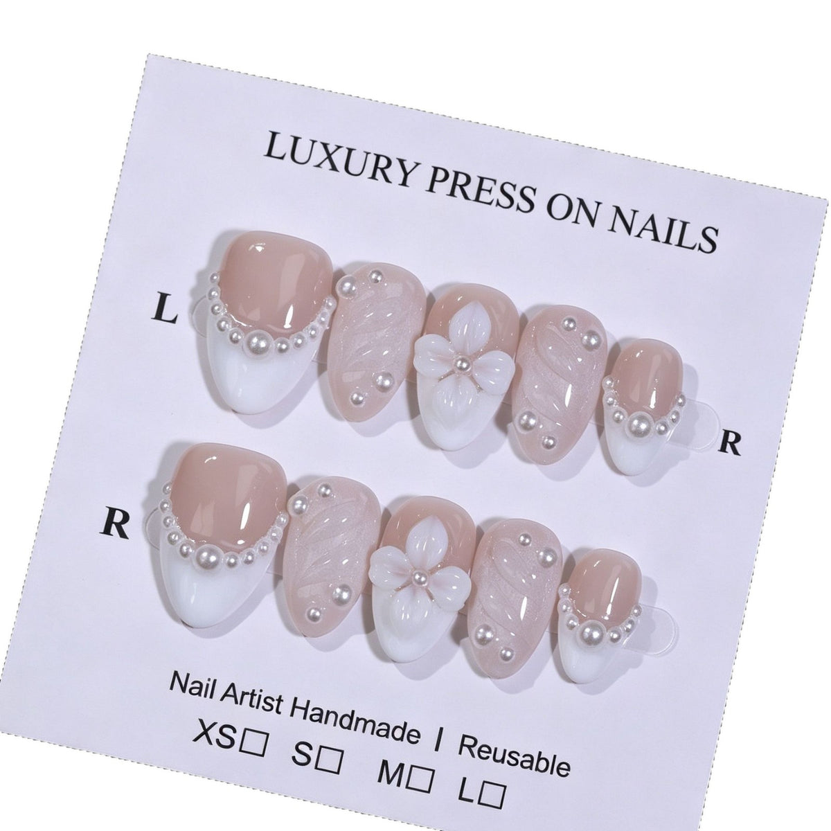 White beads flower Hand made Press on nails with free bracelet for promotion