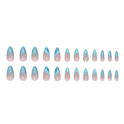 Almond shaped blue diamond Press on nails false nails with healthy glue tool DIY nails wholesale