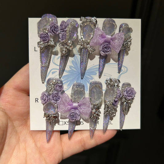 Purple butterfly rose Handmade manual press on nails luxury you are the queen princess bride wedding girlfriend sister mum love gifts free shipping HPG1022