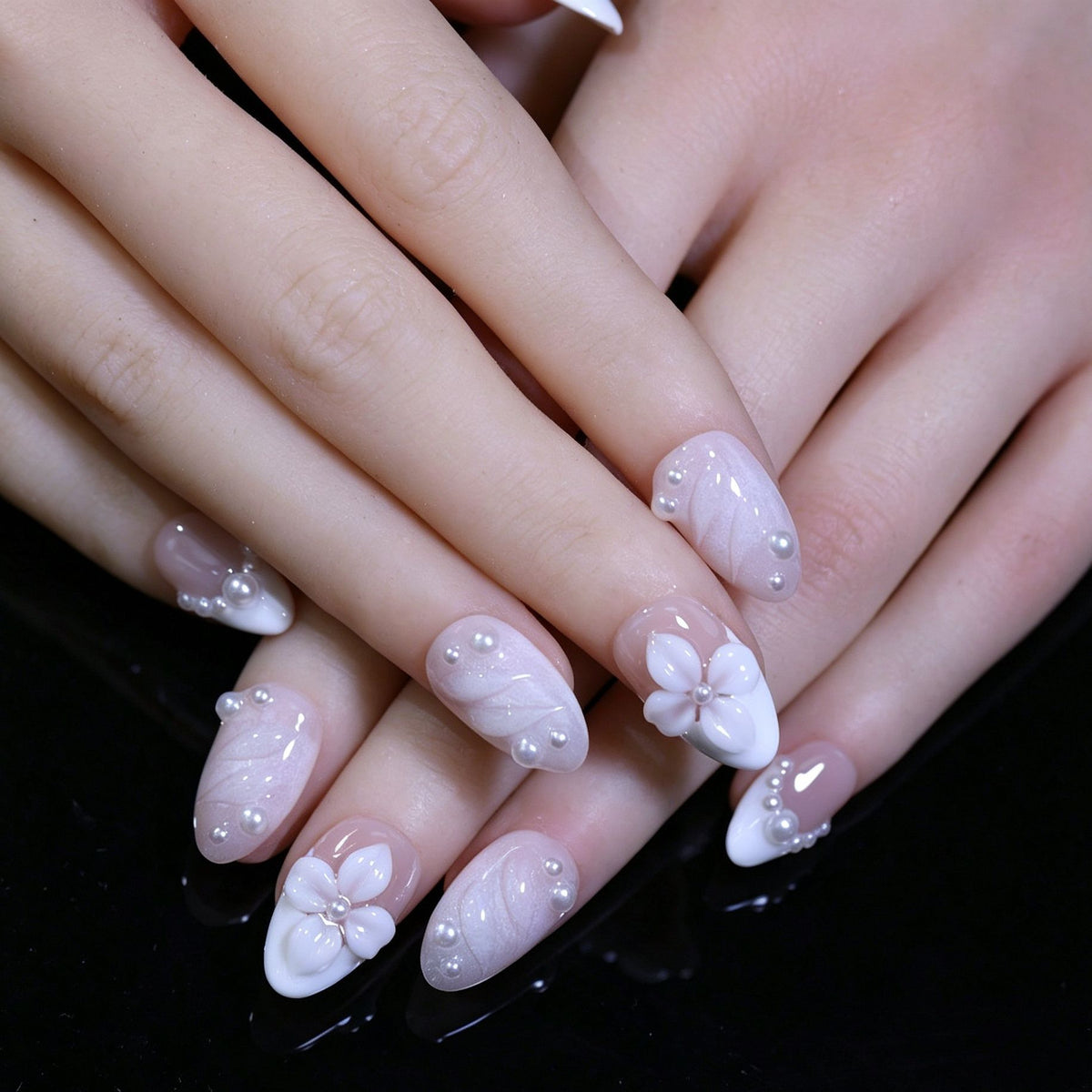 White beads flower Hand made Press on nails with free bracelet for promotion