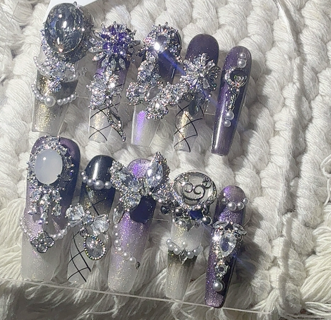 Luxury beautiful purple Handmade manual press on nails butterfly beads free shipping HPG1019