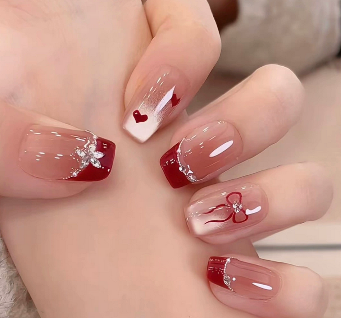 Pink Cute French stryle Handmade manual press on nails lucky day with butterfly and heart HPG1024