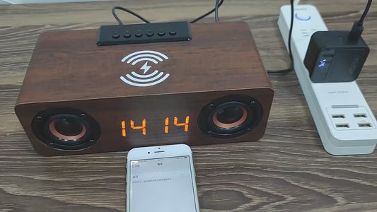 2024 new multifunctional wooden retro alarm clock Bluetooth speaker mobile phone wireless fast charging card insertion audio wholesale OEM order manufacturer