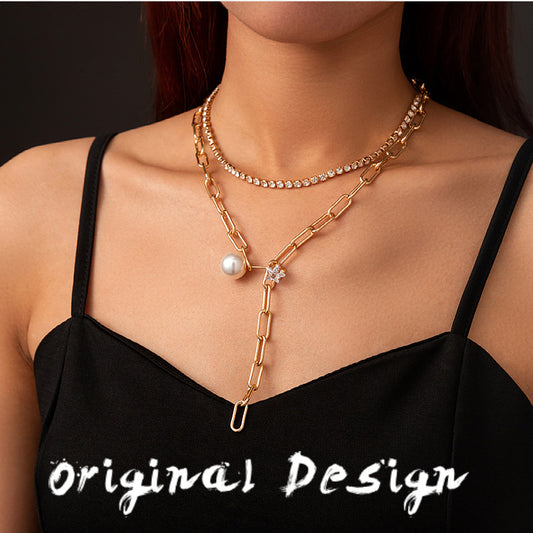 Amazing gift Fashion thick chain necklace with luxury zircon pearl for girls lady women jewelry discount promotion free shipping