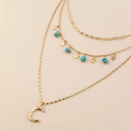 2022 new design pre-sale jewelry multi-layer crescent  necklace natural turquoise small star clavicle chain festival Christmas gifts