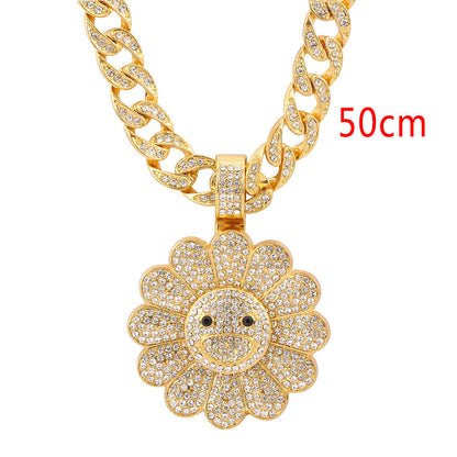 New idea Love gift HIPHOP Sunflower Cuban Rotatable Necklace jewelry for men and women discount promotion free shipping