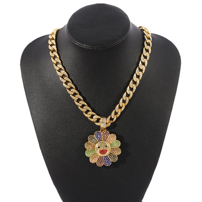 New idea Love gift HIPHOP Sunflower Cuban Rotatable Necklace jewelry for men and women discount promotion free shipping