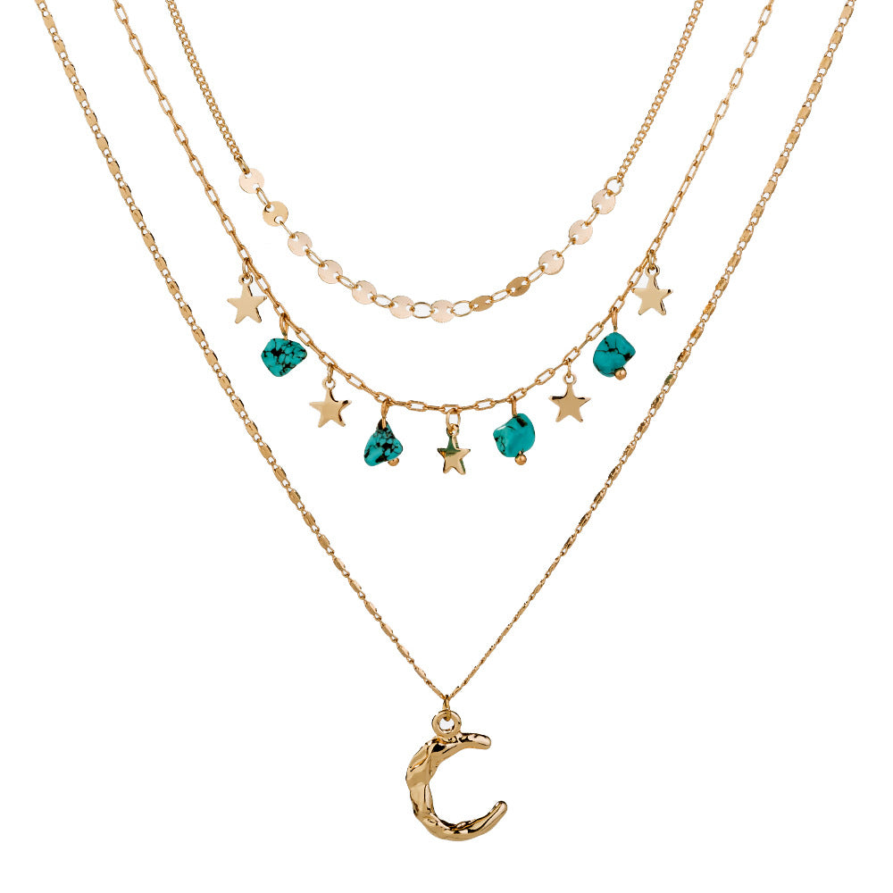 2022 new design pre-sale jewelry multi-layer crescent  necklace natural turquoise small star clavicle chain festival Christmas gifts